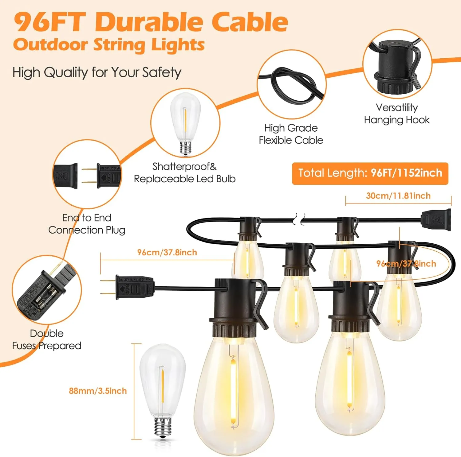 96FT LED Outdoor String Lights, Waterproof Patio Lights with 30 2 2700K Dimmable Shatterproof Edison Hanging Bulbs for Backyard Party-Black