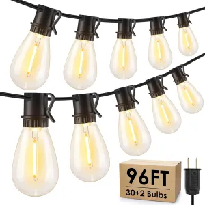 96FT LED Outdoor String Lights, Waterproof Patio Lights with 30 2 2700K Dimmable Shatterproof Edison Hanging Bulbs for Backyard Party-Black
