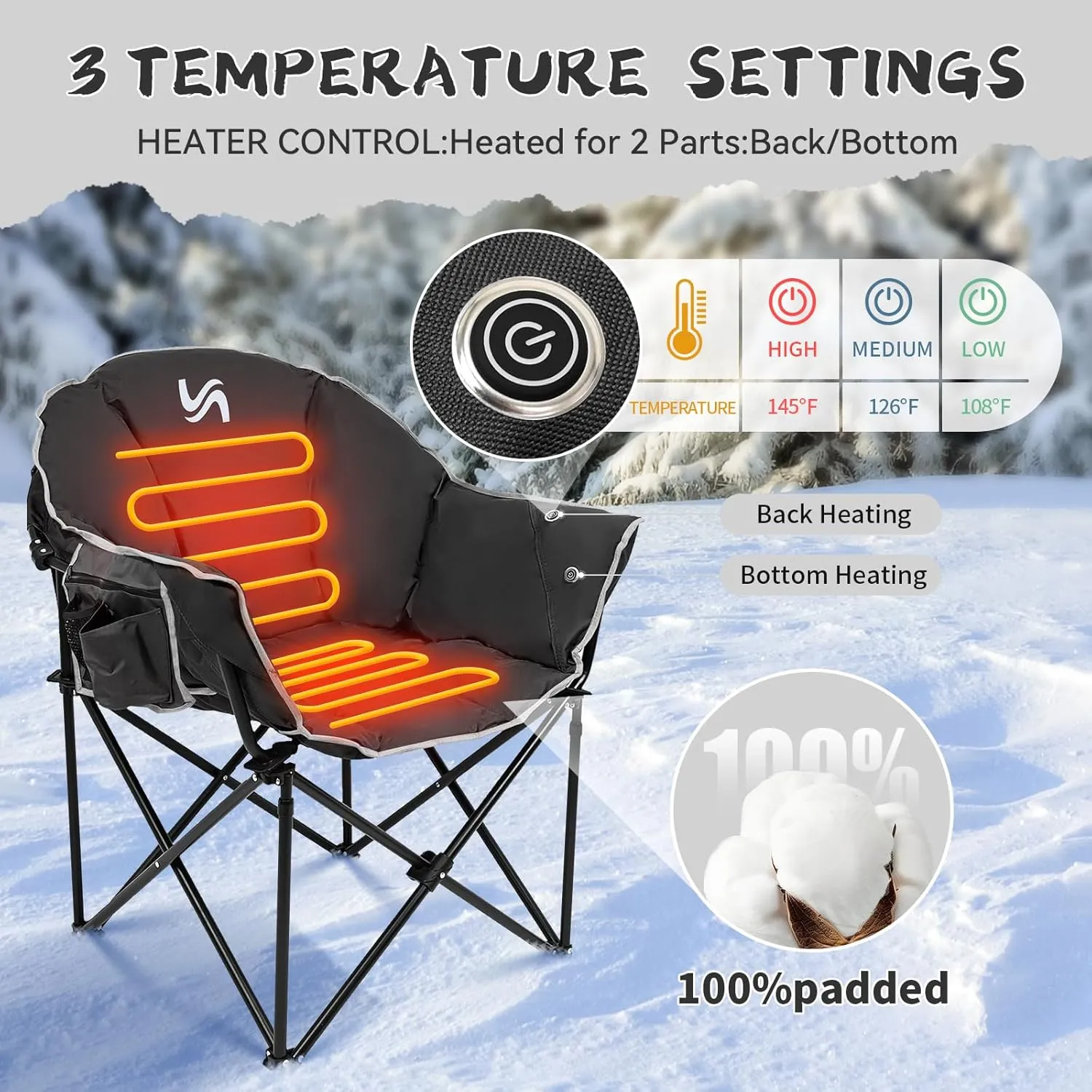 ABORON Portable Folding Heated Camping Chair, Three Level Adjustable, Oversized and Heavy Duty, Support Up to 500 lbs, Ideal for Outdoor Adventures