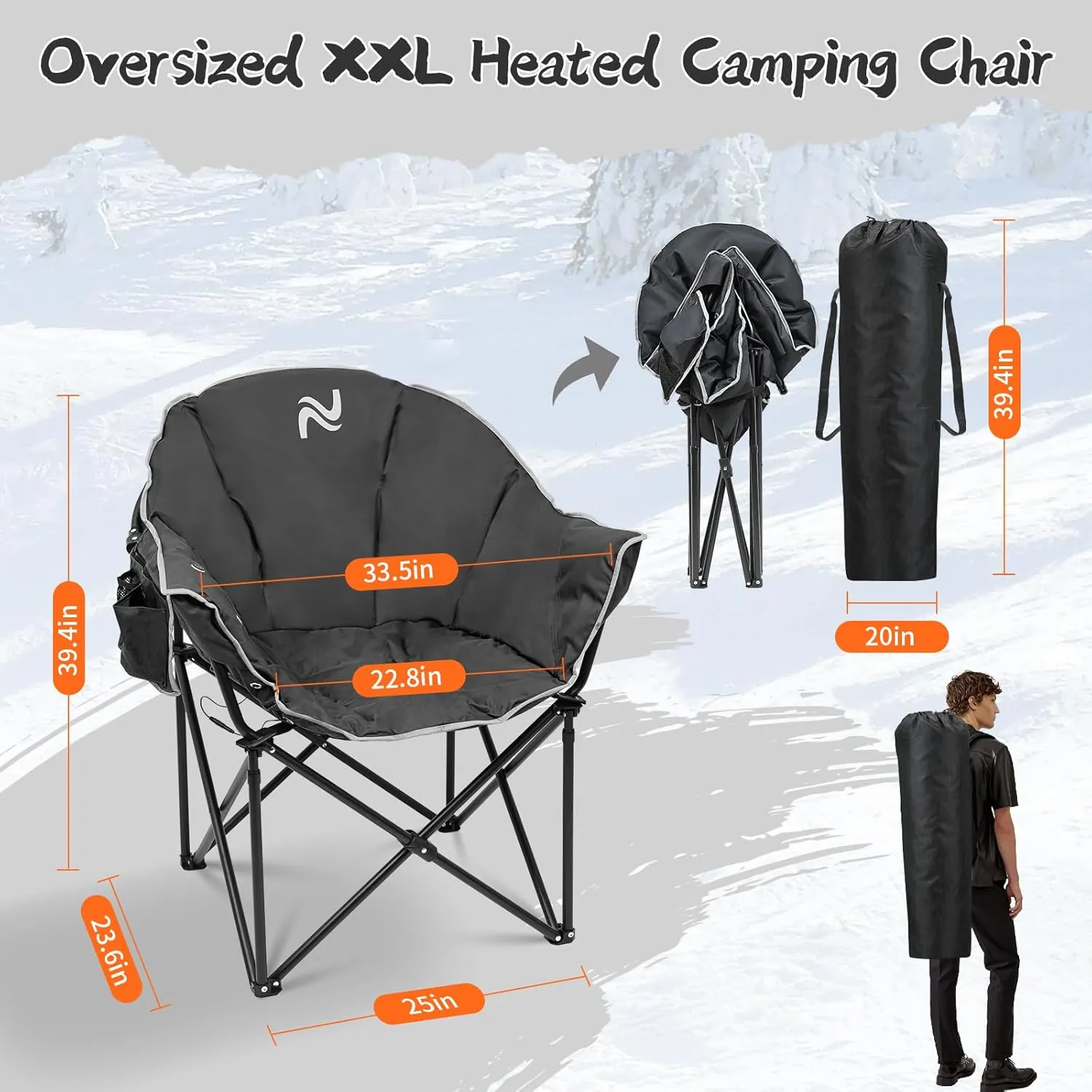 ABORON Portable Folding Heated Camping Chair, Three Level Adjustable, Oversized and Heavy Duty, Support Up to 500 lbs, Ideal for Outdoor Adventures