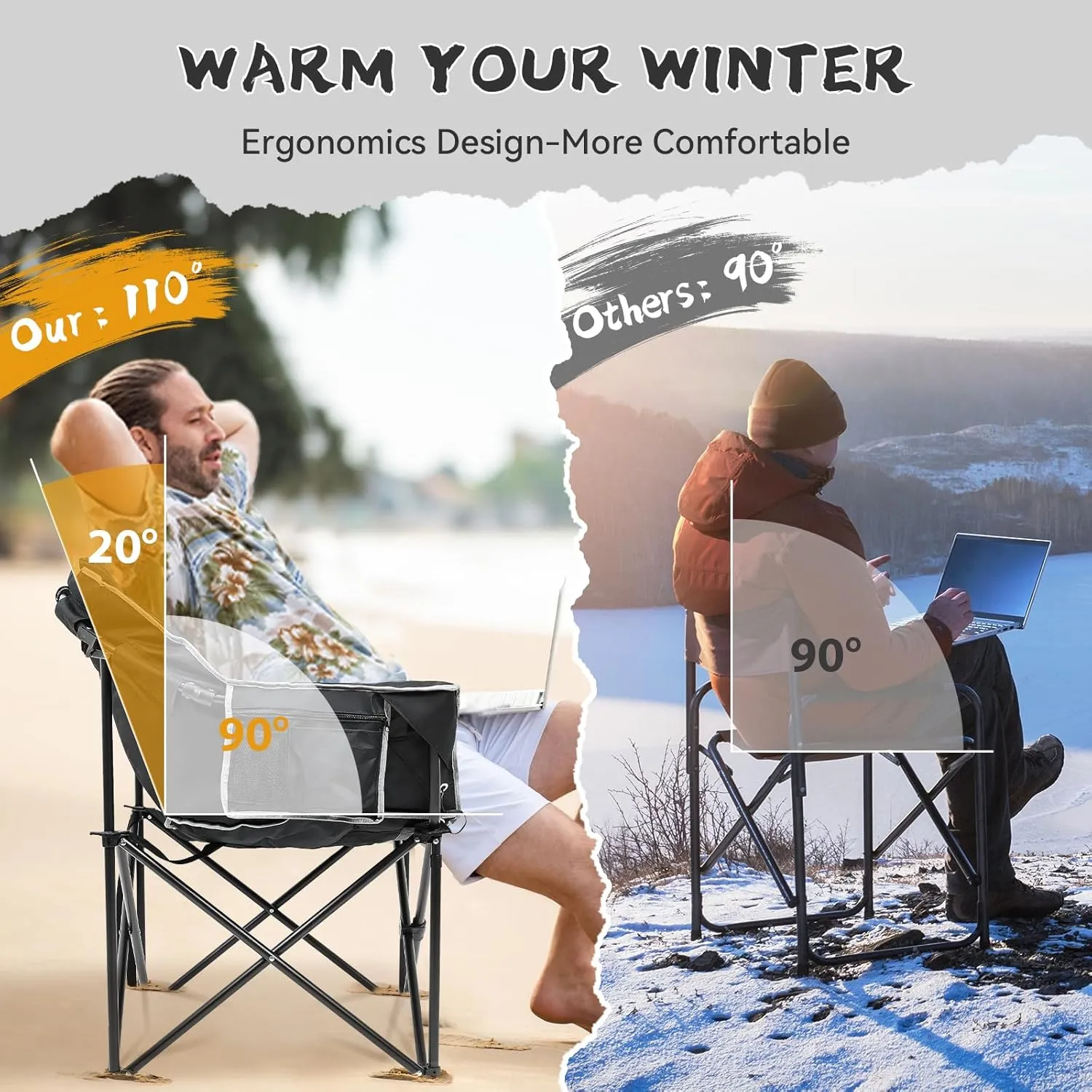 ABORON Portable Folding Heated Camping Chair, Three Level Adjustable, Oversized and Heavy Duty, Support Up to 500 lbs, Ideal for Outdoor Adventures
