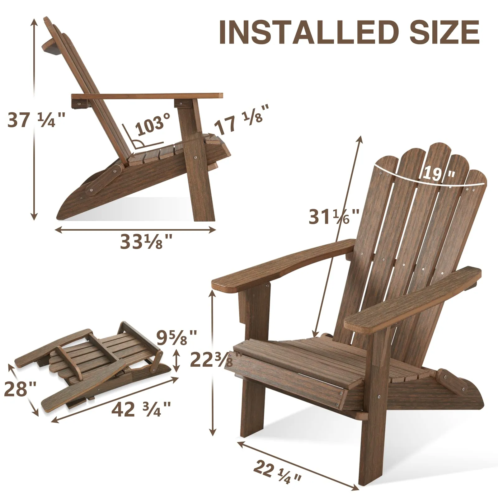 ACUEL Folding Adirondack Chair, Poly Lumber Fire Pit Chair, Durable All-Weather Patio Chairs for Garden, 350 Lbs Support Oversized Adirondack Chair (Bright Brown, 1 pc)