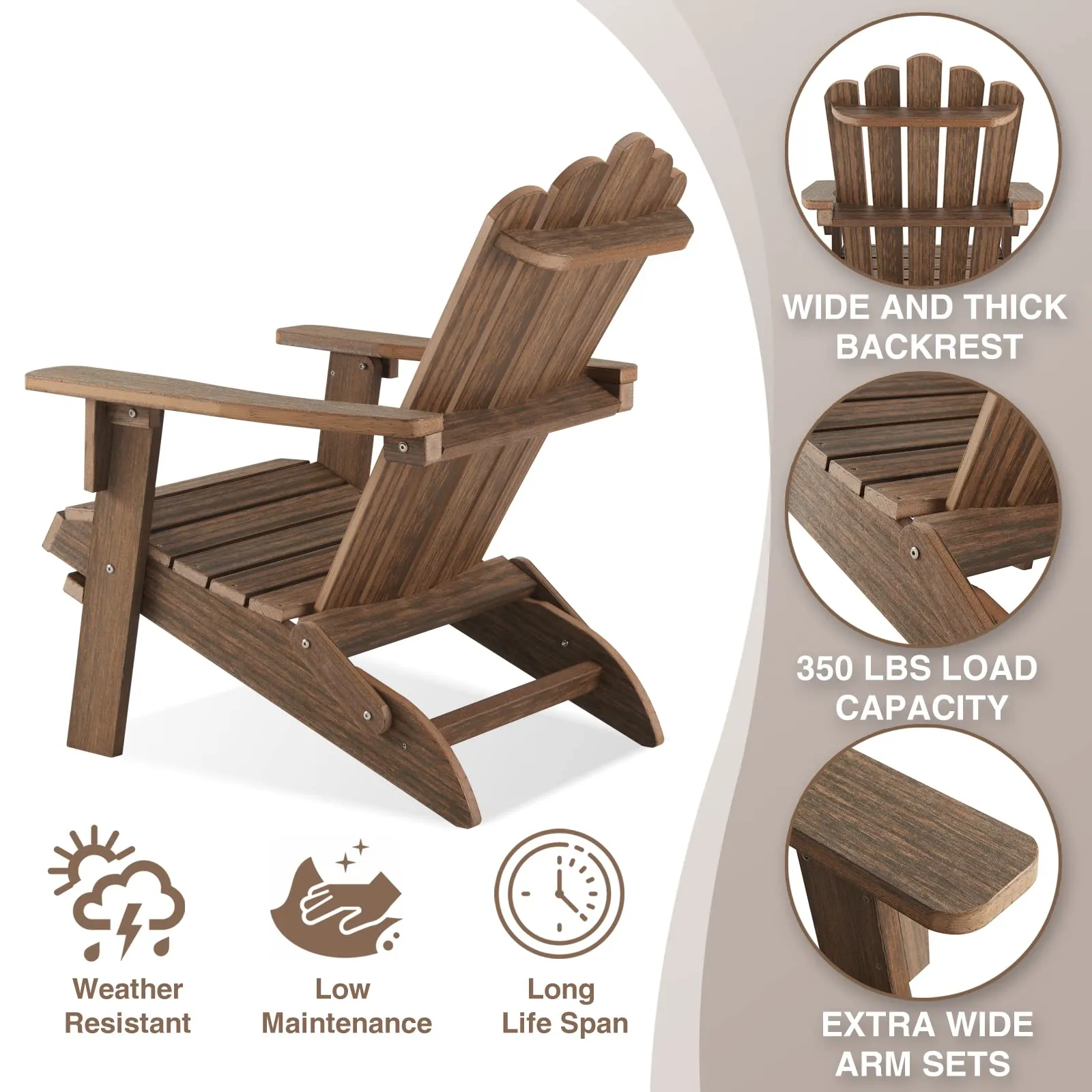 ACUEL Folding Adirondack Chair, Poly Lumber Fire Pit Chair, Durable All-Weather Patio Chairs for Garden, 350 Lbs Support Oversized Adirondack Chair (Bright Brown, 1 pc)