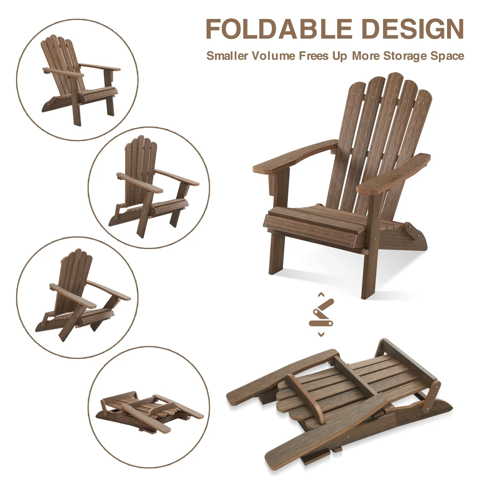 ACUEL Folding Adirondack Chair, Poly Lumber Fire Pit Chair, Durable All-Weather Patio Chairs for Garden, 350 Lbs Support Oversized Adirondack Chair (Bright Brown, 1 pc)