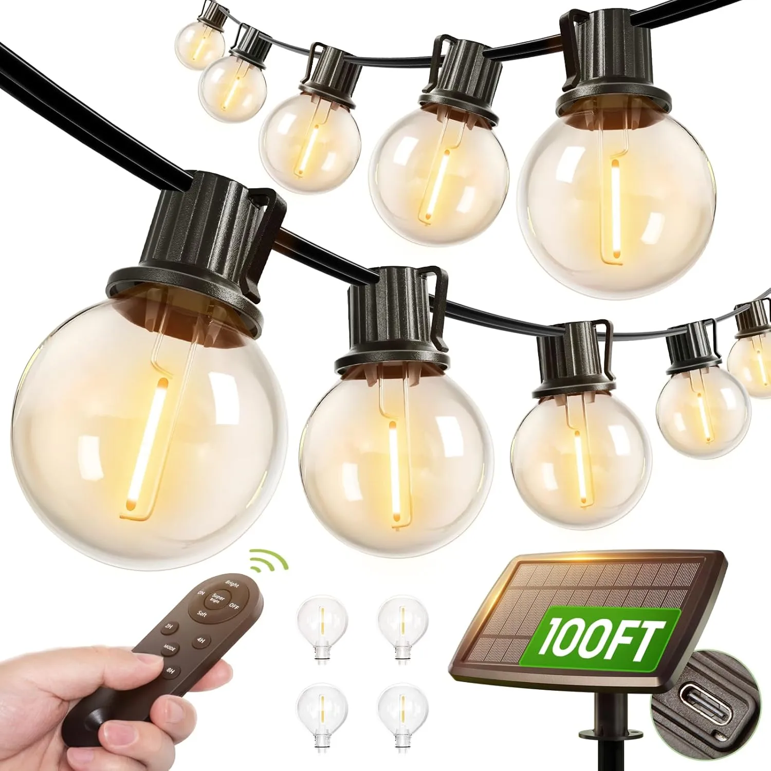 addlon 100FT Solar String Lights Outdoor with Remote, 54 LED Shatterproof Bulbs, Dimmable & Timable, 3 Light Modes, G40 Waterproof Solar String Lights for Outside Backyard Party Decor