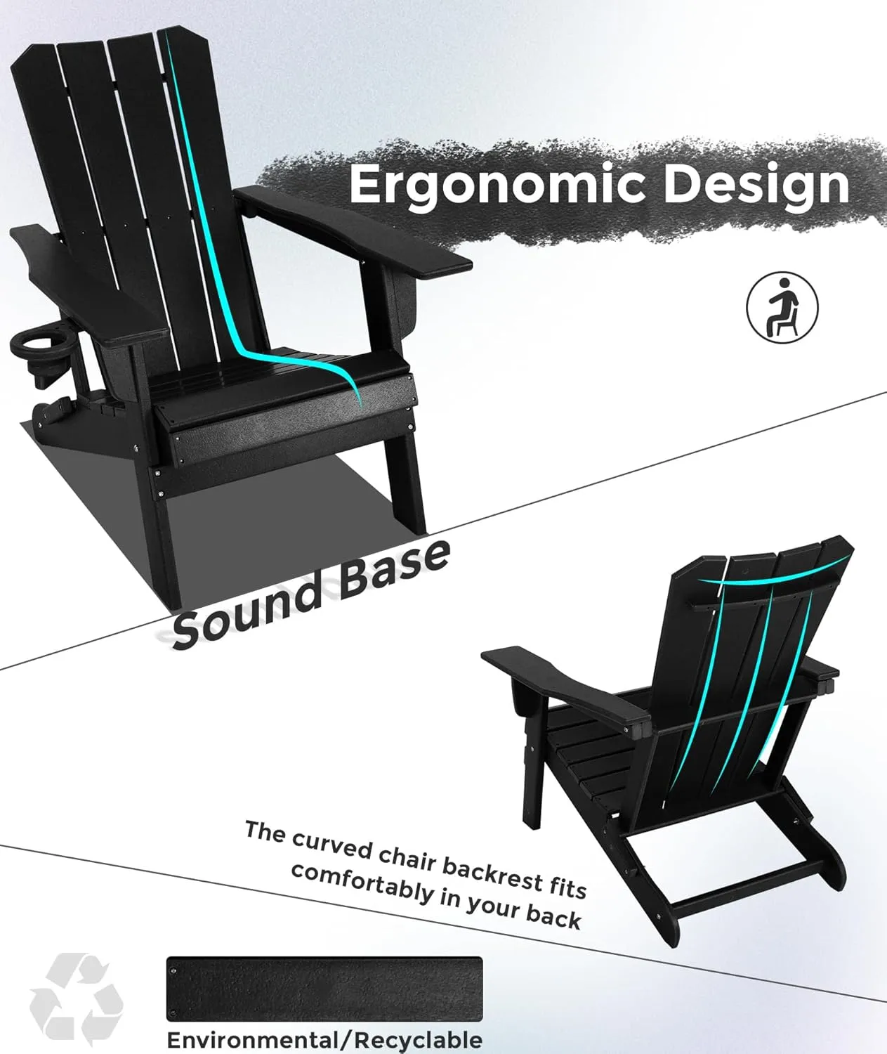 Adirondack Chair Oversized Folding Adirondack Chairs Recyclable HDPE Modern Adirondack Chair with Cup Holder Poly Lumber Patio Chairs for Pool Patio Garden Outdoors Fire Pit Black