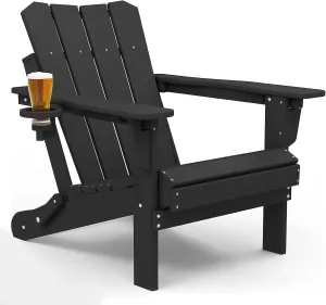 Adirondack Chair Oversized Folding Adirondack Chairs Recyclable HDPE Modern Adirondack Chair with Cup Holder Poly Lumber Patio Chairs for Pool Patio Garden Outdoors Fire Pit Black