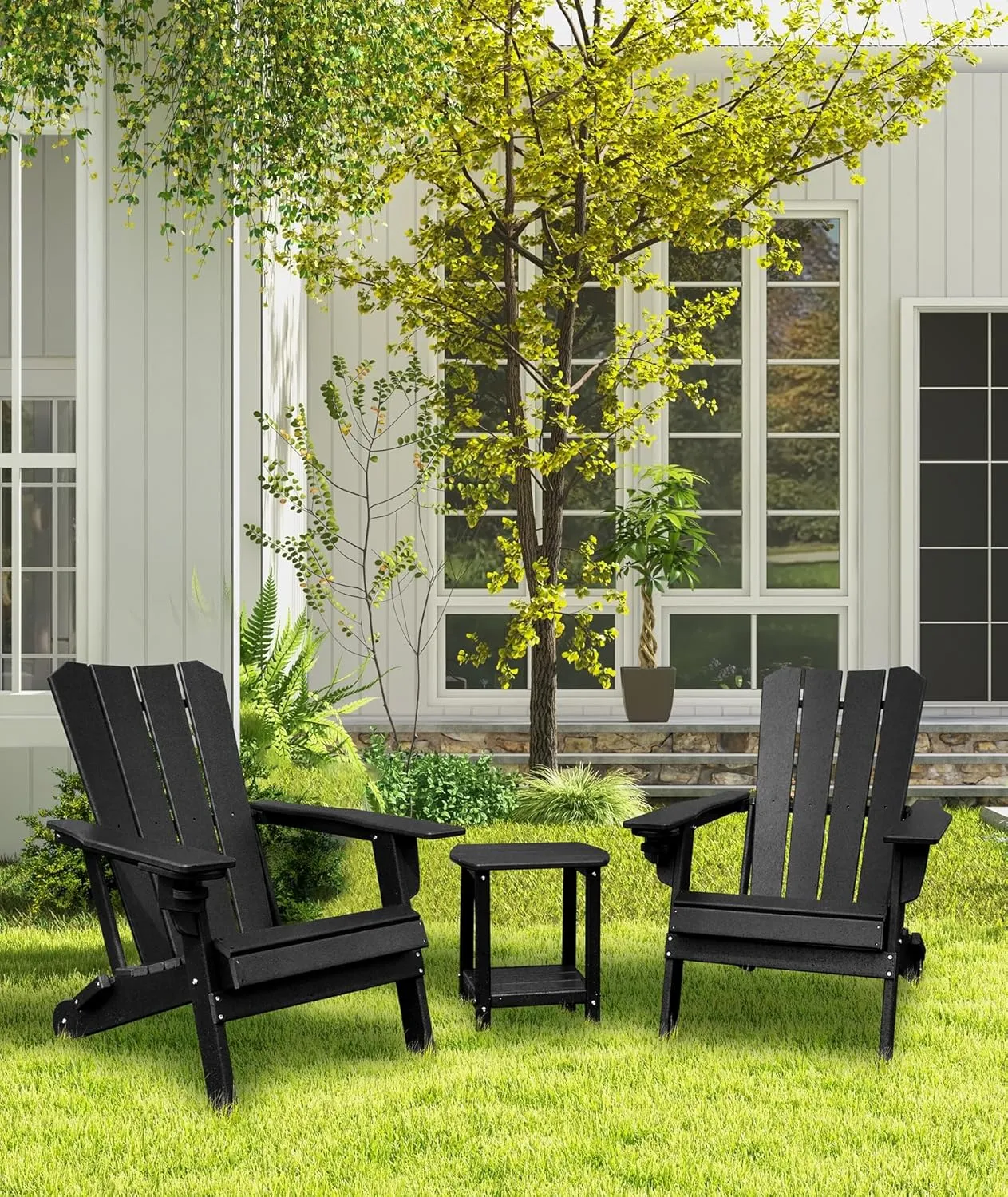 Adirondack Chair Oversized Folding Adirondack Chairs Recyclable HDPE Modern Adirondack Chair with Cup Holder Poly Lumber Patio Chairs for Pool Patio Garden Outdoors Fire Pit Black