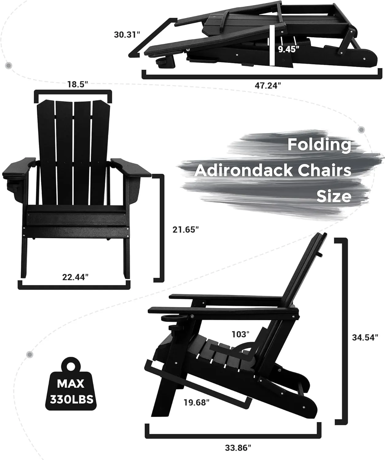 Adirondack Chair Oversized Folding Adirondack Chairs Recyclable HDPE Modern Adirondack Chair with Cup Holder Poly Lumber Patio Chairs for Pool Patio Garden Outdoors Fire Pit Black