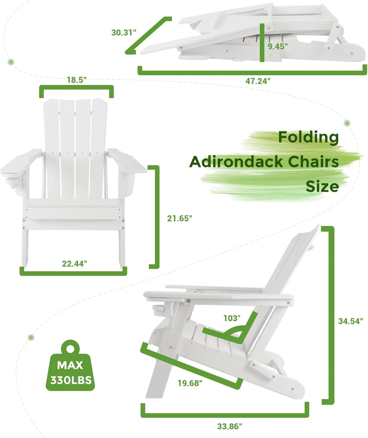Adirondack Chair Oversized Folding Adirondack Chairs Recyclable HDPE Modern Adirondack Chair with Cup Holder Poly Lumber Patio Chairs for Pool Patio Garden Outdoors Fire Pit White