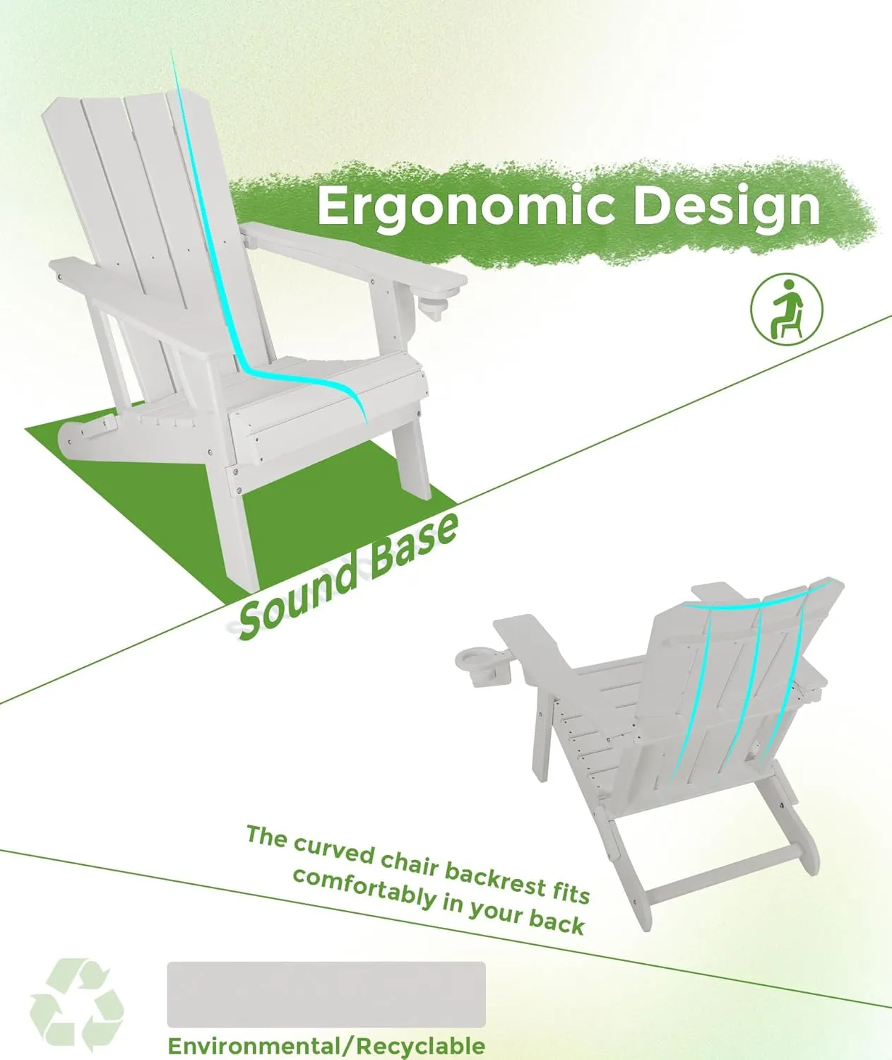 Adirondack Chair Oversized Folding Adirondack Chairs Recyclable HDPE Modern Adirondack Chair with Cup Holder Poly Lumber Patio Chairs for Pool Patio Garden Outdoors Fire Pit White
