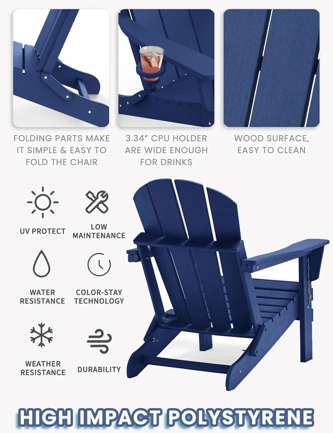 Adirondack Chair with Cup Holder, Folding HDPE Patio Chairs, Outdoor Plastic Fire Pit Chair, Wood Texture, Lawn Chairs for Deck, Porch, Backyard, Garden, Navy Blue