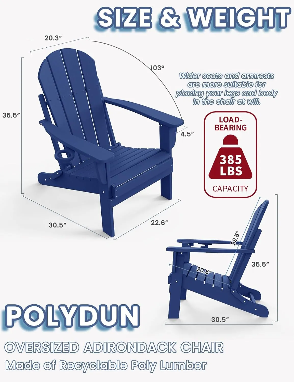 Adirondack Chair with Cup Holder, Folding HDPE Patio Chairs, Outdoor Plastic Fire Pit Chair, Wood Texture, Lawn Chairs for Deck, Porch, Backyard, Garden, Navy Blue