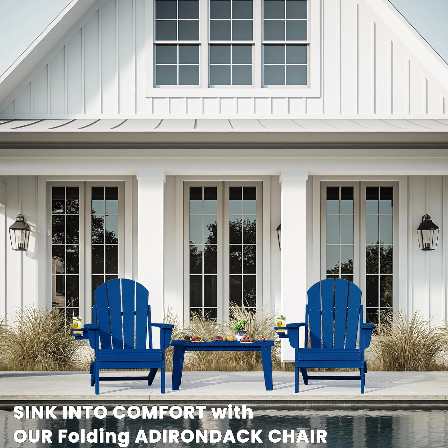 Adirondack Chair with Cup Holder, Folding HDPE Patio Chairs, Outdoor Plastic Fire Pit Chair, Wood Texture, Lawn Chairs for Deck, Porch, Backyard, Garden, Navy Blue