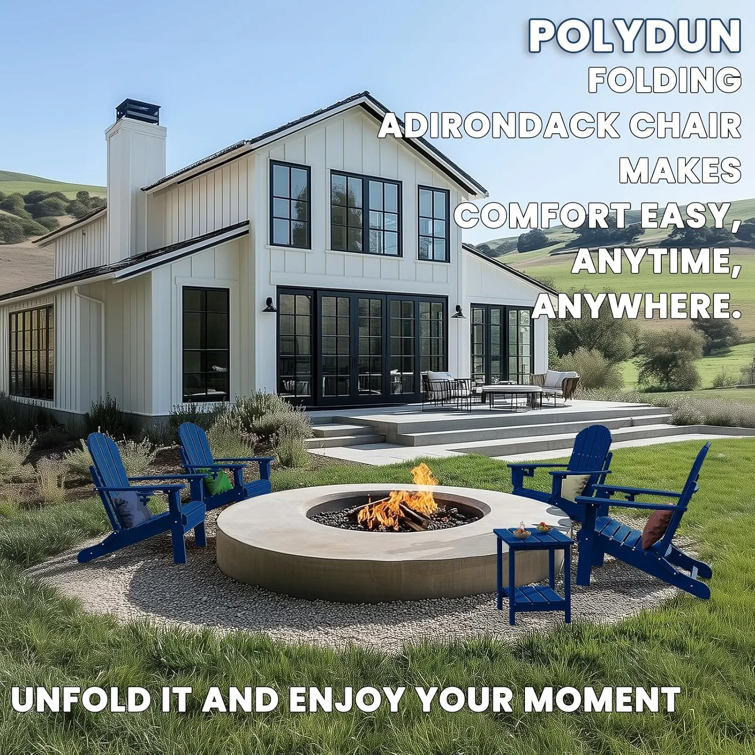 Adirondack Chair with Cup Holder, Folding HDPE Patio Chairs, Outdoor Plastic Fire Pit Chair, Wood Texture, Lawn Chairs for Deck, Porch, Backyard, Garden, Navy Blue