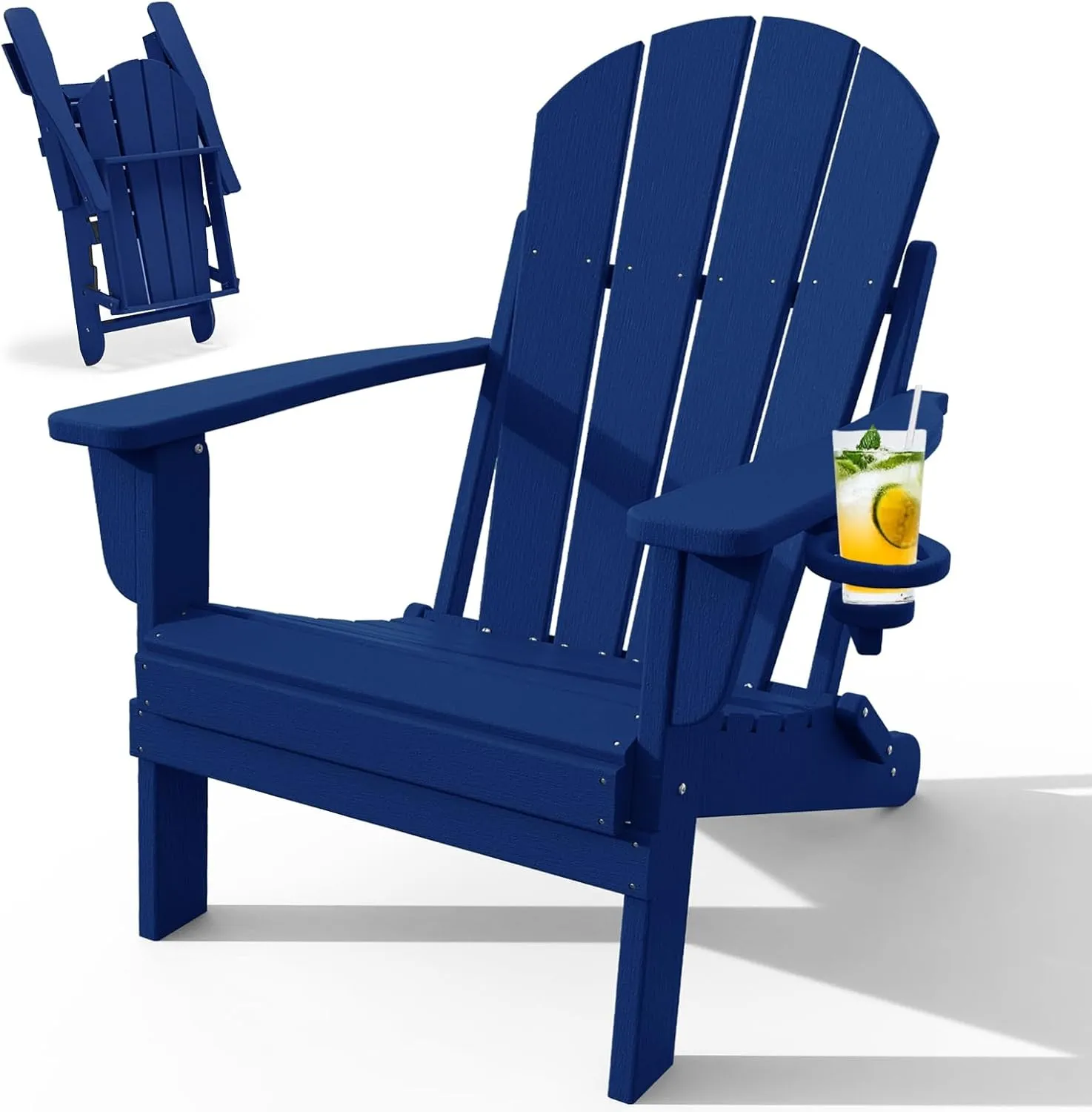 Adirondack Chair with Cup Holder, Folding HDPE Patio Chairs, Outdoor Plastic Fire Pit Chair, Wood Texture, Lawn Chairs for Deck, Porch, Backyard, Garden, Navy Blue