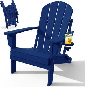 Adirondack Chair with Cup Holder, Folding HDPE Patio Chairs, Outdoor Plastic Fire Pit Chair, Wood Texture, Lawn Chairs for Deck, Porch, Backyard, Garden, Navy Blue