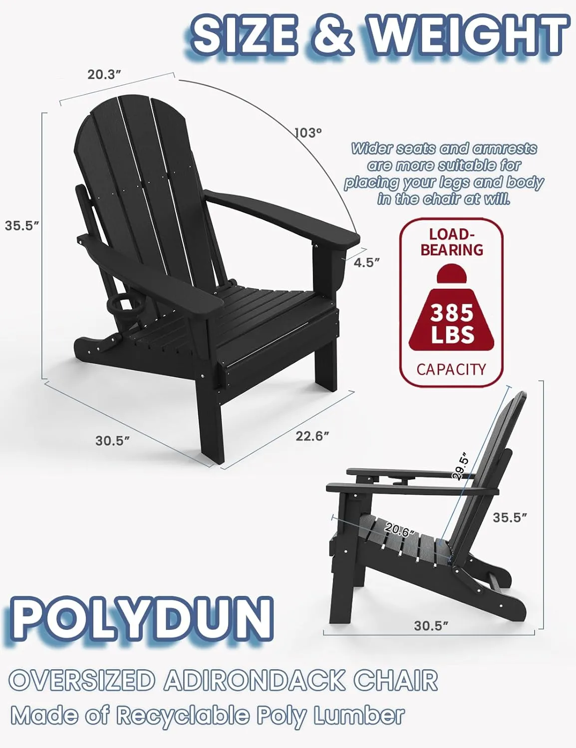 Adirondack Chair with Cup Holder Set of 4, Folding HDPE Patio Chairs, Outdoor Plastic Fire Pit Chair, Wood Texture, Lawn Chairs for Deck, Porch, Backyard, Garden, Black