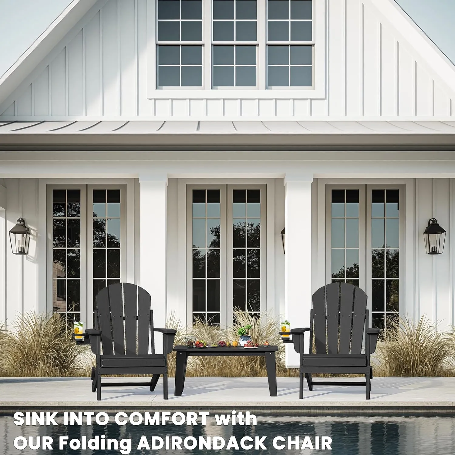 Adirondack Chair with Cup Holder Set of 4, Folding HDPE Patio Chairs, Outdoor Plastic Fire Pit Chair, Wood Texture, Lawn Chairs for Deck, Porch, Backyard, Garden, Black