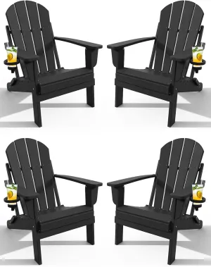 Adirondack Chair with Cup Holder Set of 4, Folding HDPE Patio Chairs, Outdoor Plastic Fire Pit Chair, Wood Texture, Lawn Chairs for Deck, Porch, Backyard, Garden, Black