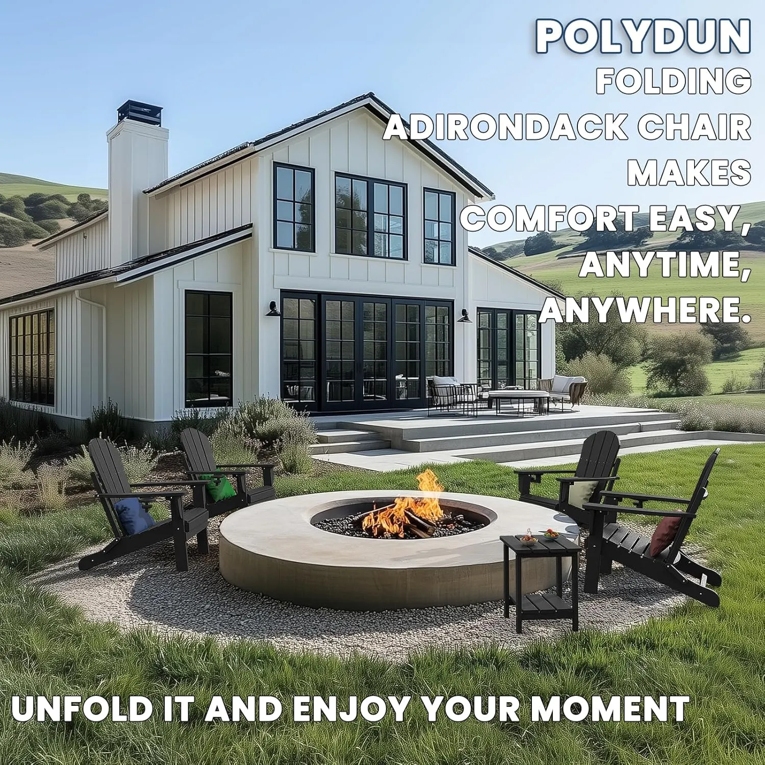Adirondack Chair with Cup Holder Set of 4, Folding HDPE Patio Chairs, Outdoor Plastic Fire Pit Chair, Wood Texture, Lawn Chairs for Deck, Porch, Backyard, Garden, Black