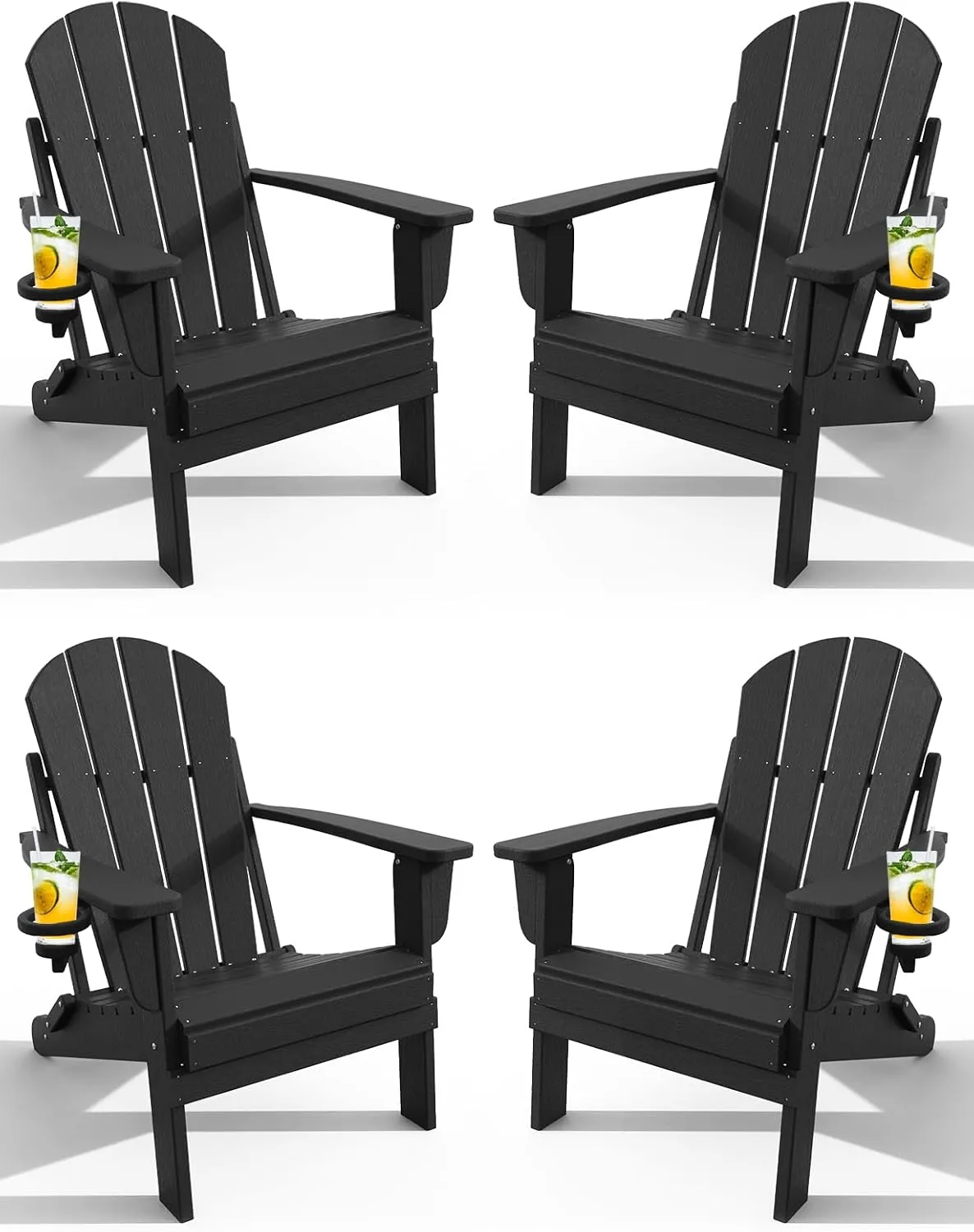 Adirondack Chair with Cup Holder Set of 4, Folding HDPE Patio Chairs, Outdoor Plastic Fire Pit Chair, Wood Texture, Lawn Chairs for Deck, Porch, Backyard, Garden, Black