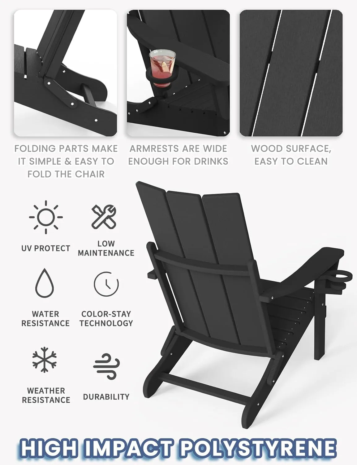 Adirondack Chair with Cup Holder Set of 4, Folding Outdoor Lawn Chair, HDPE Plastic Fire Pit Chair, Weather Resistant Patio Chairs for Deck, Porch, Backyard, Garden, Black