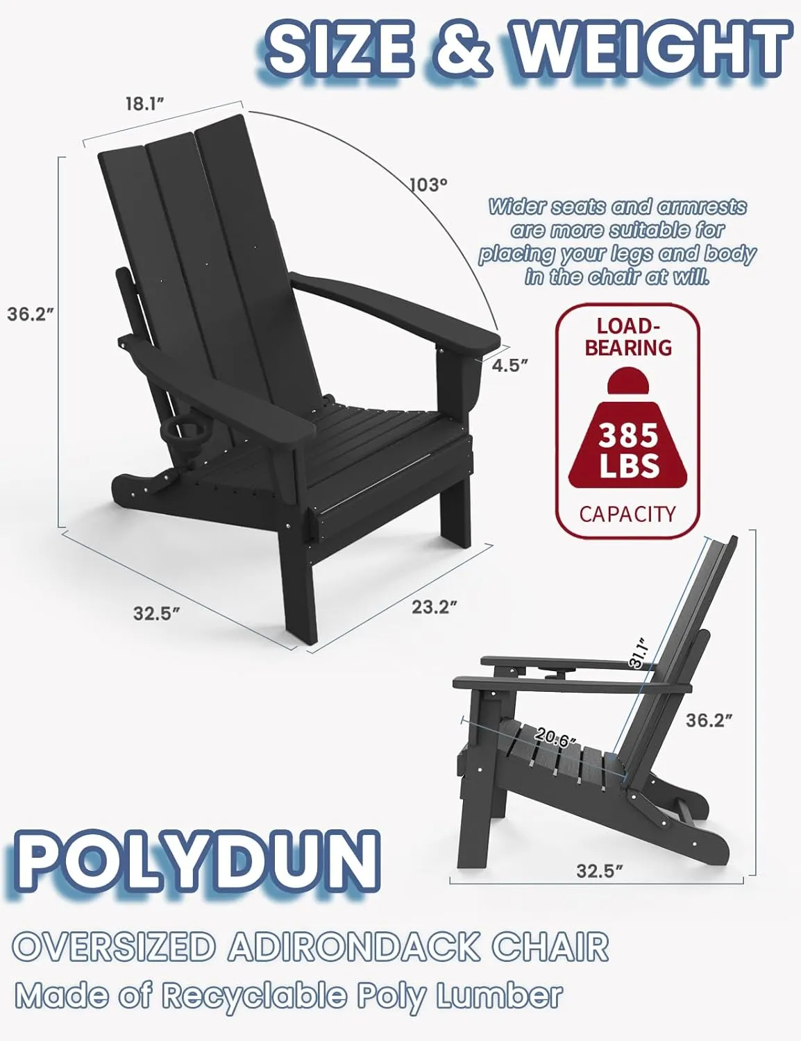 Adirondack Chair with Cup Holder Set of 4, Folding Outdoor Lawn Chair, HDPE Plastic Fire Pit Chair, Weather Resistant Patio Chairs for Deck, Porch, Backyard, Garden, Black