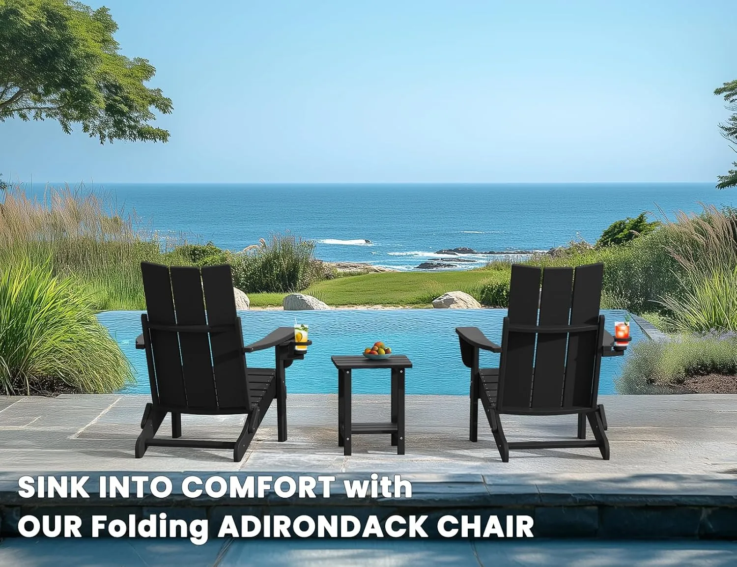 Adirondack Chair with Cup Holder Set of 4, Folding Outdoor Lawn Chair, HDPE Plastic Fire Pit Chair, Weather Resistant Patio Chairs for Deck, Porch, Backyard, Garden, Black
