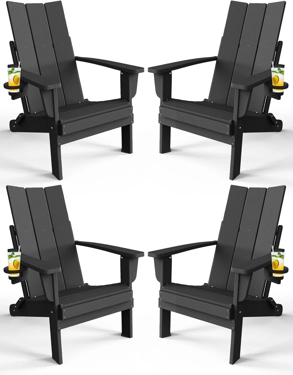 Adirondack Chair with Cup Holder Set of 4, Folding Outdoor Lawn Chair, HDPE Plastic Fire Pit Chair, Weather Resistant Patio Chairs for Deck, Porch, Backyard, Garden, Black