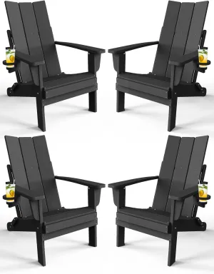 Adirondack Chair with Cup Holder Set of 4, Folding Outdoor Lawn Chair, HDPE Plastic Fire Pit Chair, Weather Resistant Patio Chairs for Deck, Porch, Backyard, Garden, Black