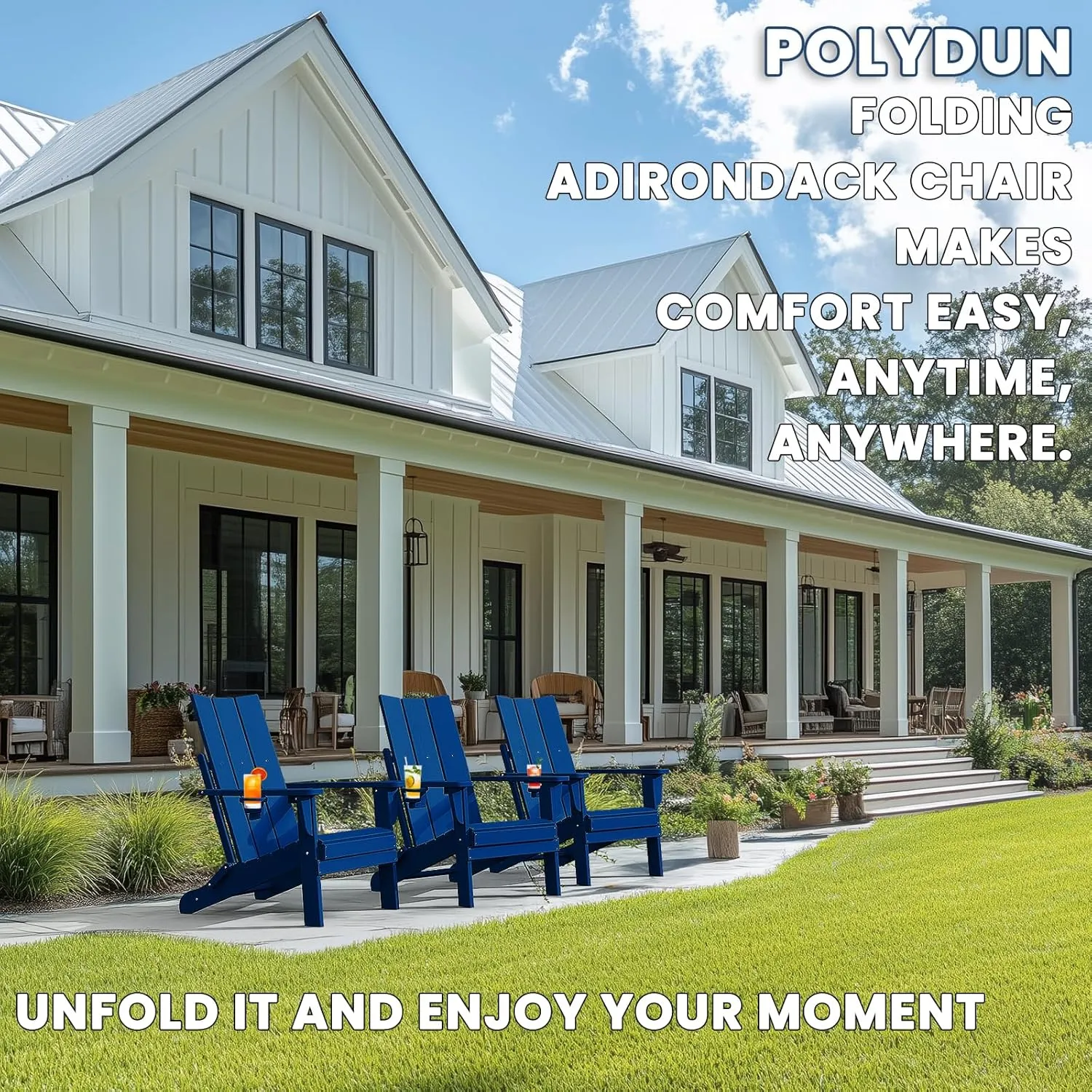 Adirondack Chair with Cup Holder Set of 4, Folding Outdoor Lawn Chair, HDPE Plastic Fire Pit Chair, Weather Resistant Patio Chairs for Deck, Porch, Backyard, Garden, Navy Blue