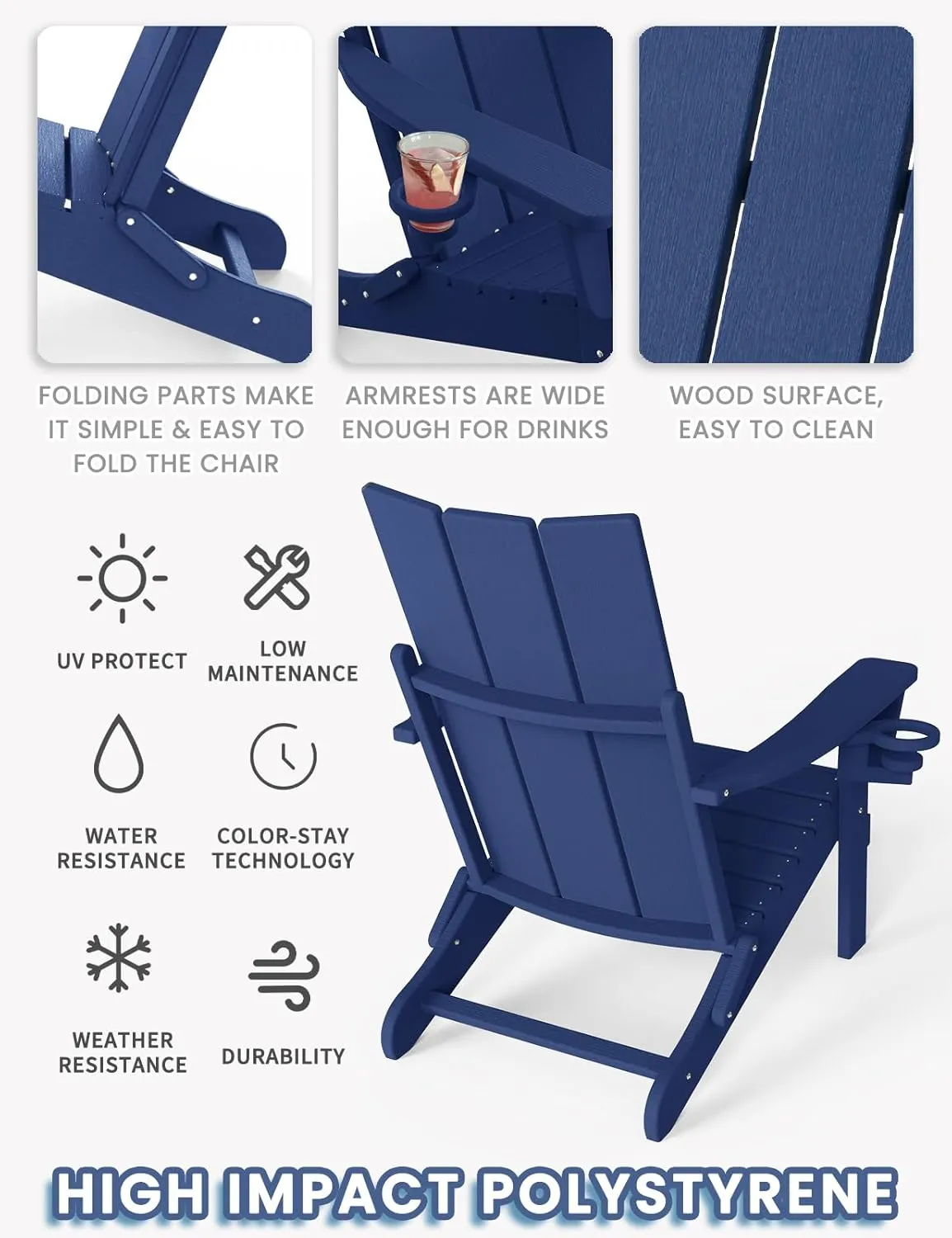 Adirondack Chair with Cup Holder Set of 4, Folding Outdoor Lawn Chair, HDPE Plastic Fire Pit Chair, Weather Resistant Patio Chairs for Deck, Porch, Backyard, Garden, Navy Blue