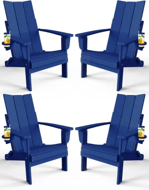 Adirondack Chair with Cup Holder Set of 4, Folding Outdoor Lawn Chair, HDPE Plastic Fire Pit Chair, Weather Resistant Patio Chairs for Deck, Porch, Backyard, Garden, Navy Blue