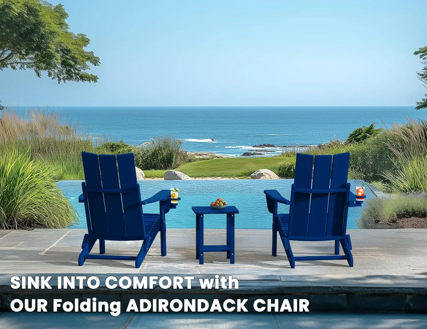 Adirondack Chair with Cup Holder Set of 4, Folding Outdoor Lawn Chair, HDPE Plastic Fire Pit Chair, Weather Resistant Patio Chairs for Deck, Porch, Backyard, Garden, Navy Blue