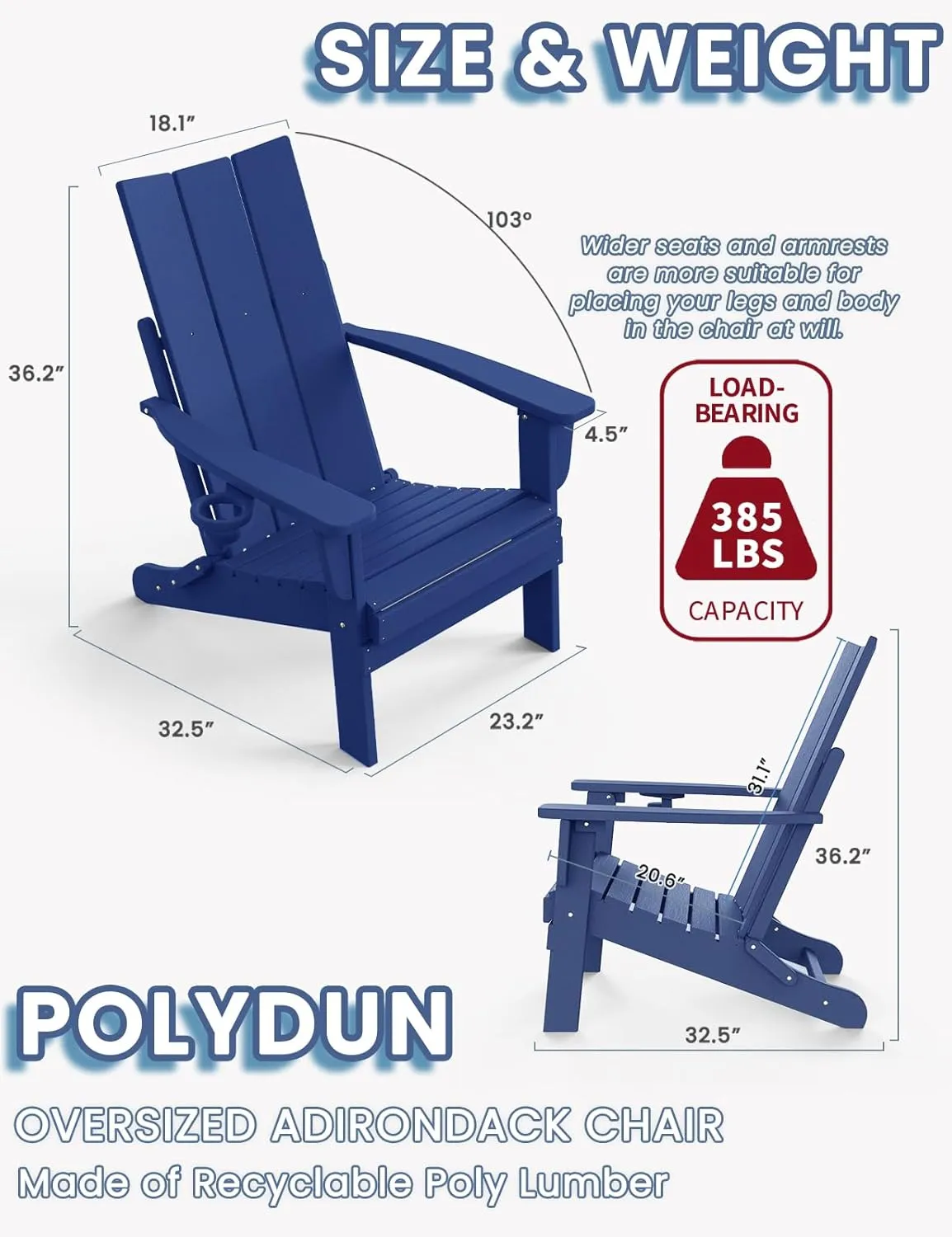 Adirondack Chair with Cup Holder Set of 4, Folding Outdoor Lawn Chair, HDPE Plastic Fire Pit Chair, Weather Resistant Patio Chairs for Deck, Porch, Backyard, Garden, Navy Blue