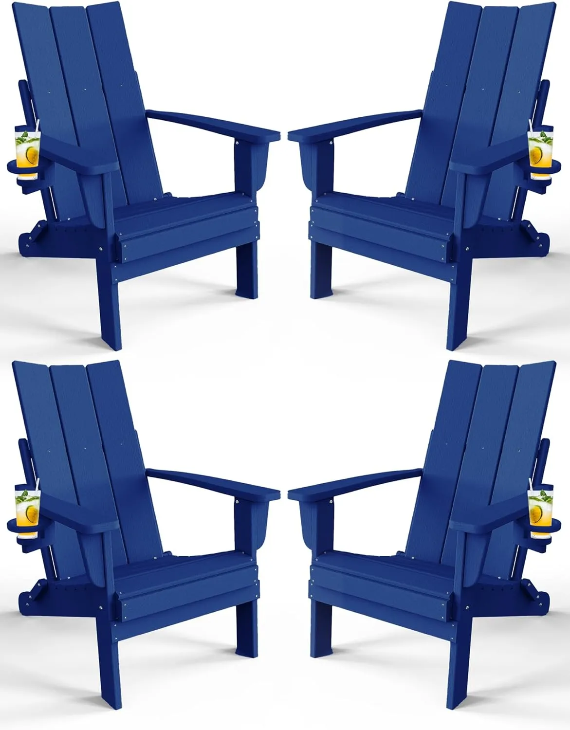 Adirondack Chair with Cup Holder Set of 4, Folding Outdoor Lawn Chair, HDPE Plastic Fire Pit Chair, Weather Resistant Patio Chairs for Deck, Porch, Backyard, Garden, Navy Blue