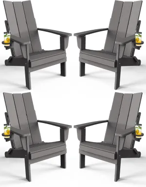 Adirondack Chair with Cup Holder Set of 4, Folding Outdoor Lawn Chair, HDPE Plastic Fire Pit Chair, Weather Resistant Patio Chairs for Deck, Porch, Backyard, Garden, Slate Gray