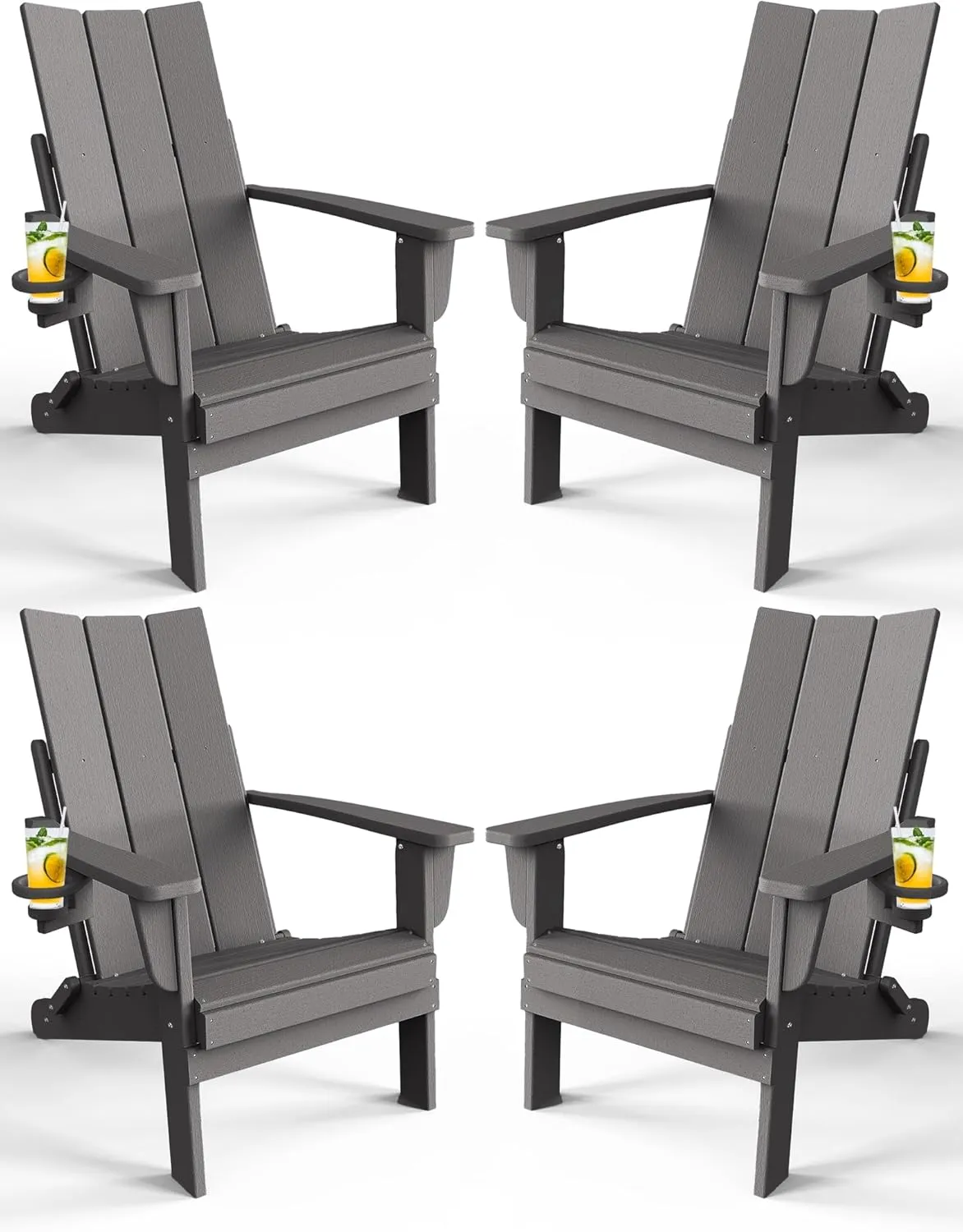 Adirondack Chair with Cup Holder Set of 4, Folding Outdoor Lawn Chair, HDPE Plastic Fire Pit Chair, Weather Resistant Patio Chairs for Deck, Porch, Backyard, Garden, Slate Gray