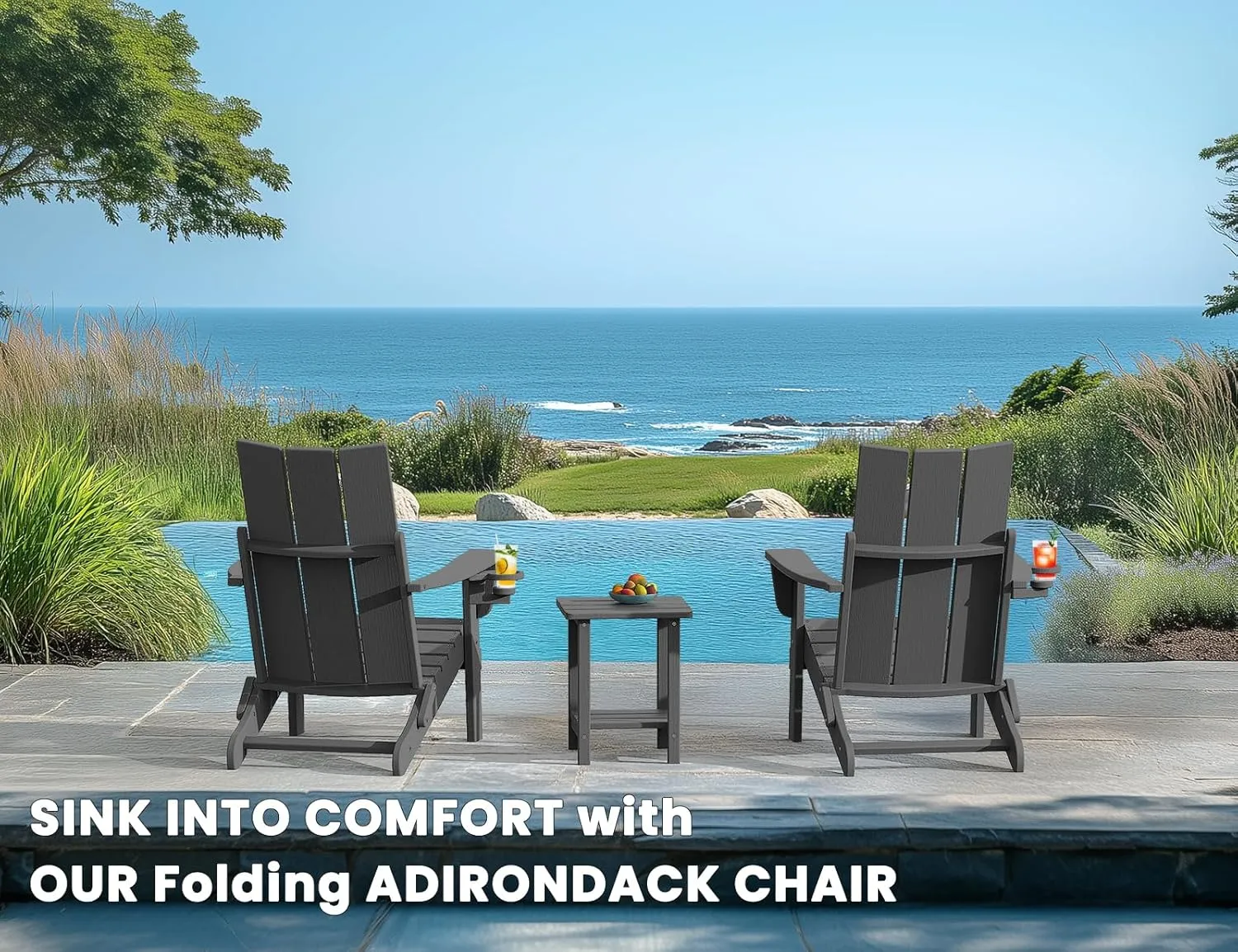 Adirondack Chair with Cup Holder Set of 4, Folding Outdoor Lawn Chair, HDPE Plastic Fire Pit Chair, Weather Resistant Patio Chairs for Deck, Porch, Backyard, Garden, Slate Gray