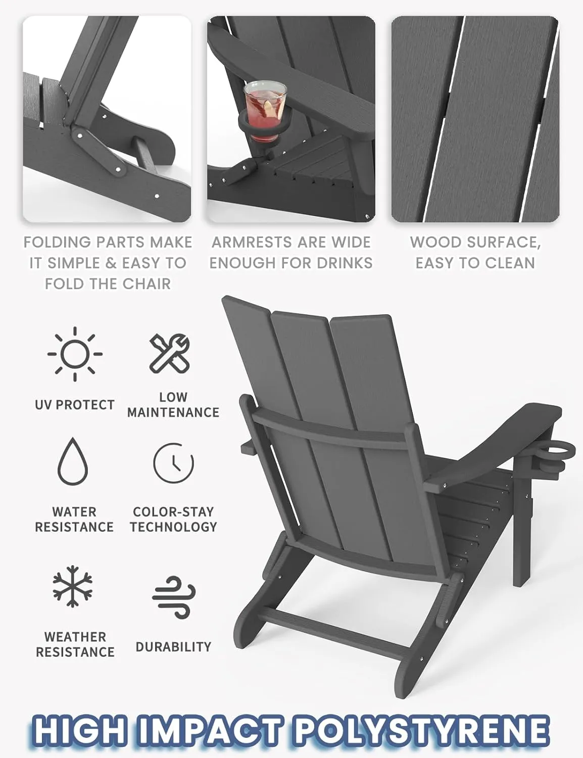 Adirondack Chair with Cup Holder Set of 4, Folding Outdoor Lawn Chair, HDPE Plastic Fire Pit Chair, Weather Resistant Patio Chairs for Deck, Porch, Backyard, Garden, Slate Gray
