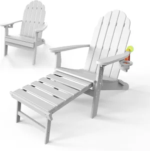 Adirondack Chair with Retractable Ottoman & Cup Holder, Folding Outdoor Lawn Chair, HDPE Plastic Fire Pit Chair, Patio Chairs for Deck, Porch, Backyard, Garden, White