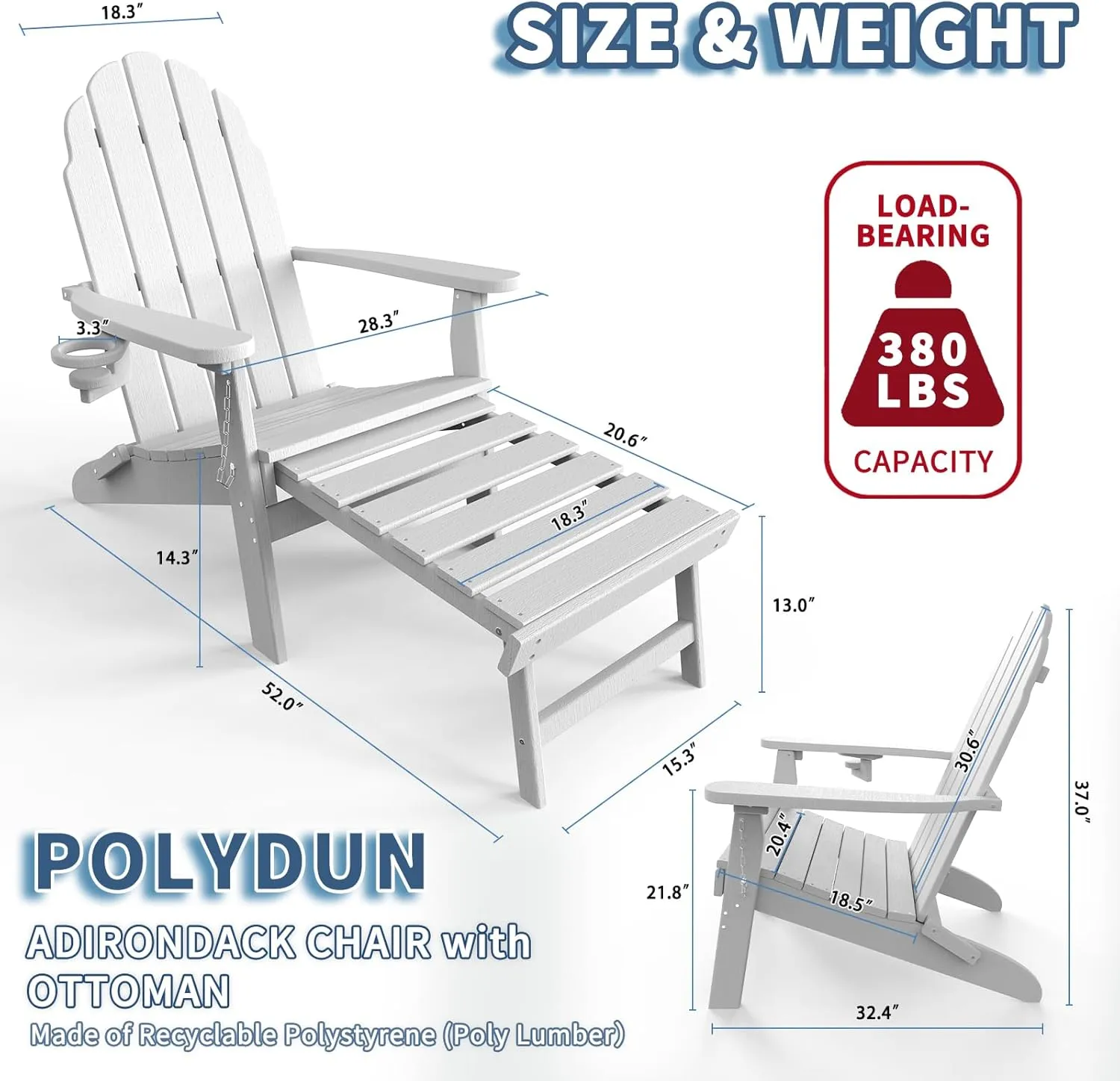 Adirondack Chair with Retractable Ottoman & Cup Holder, Folding Outdoor Lawn Chair, HDPE Plastic Fire Pit Chair, Patio Chairs for Deck, Porch, Backyard, Garden, White