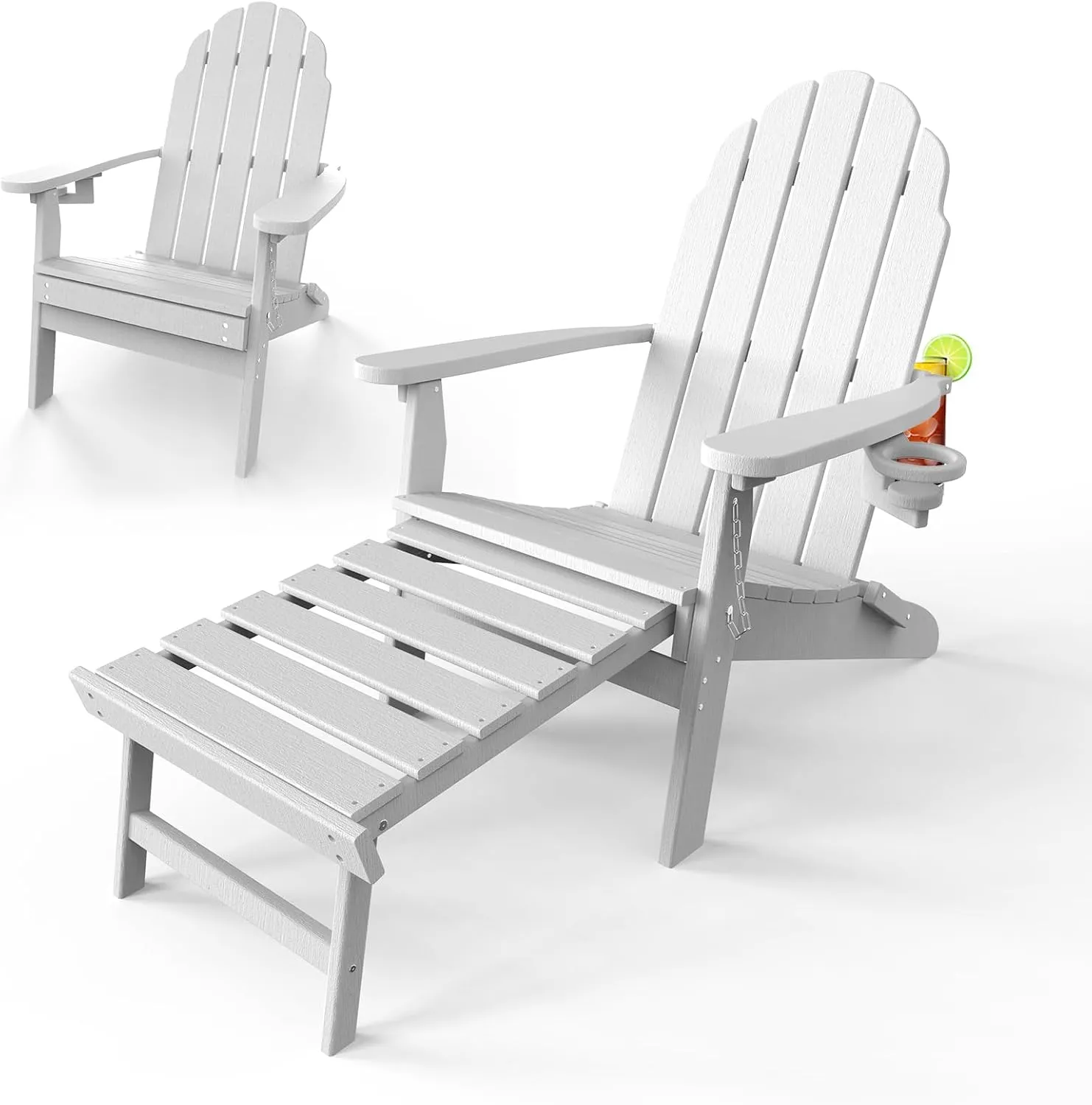 Adirondack Chair with Retractable Ottoman & Cup Holder, Folding Outdoor Lawn Chair, HDPE Plastic Fire Pit Chair, Patio Chairs for Deck, Porch, Backyard, Garden, White