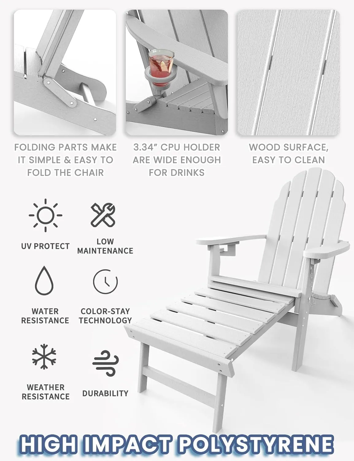 Adirondack Chair with Retractable Ottoman & Cup Holder, Folding Outdoor Lawn Chair, HDPE Plastic Fire Pit Chair, Patio Chairs for Deck, Porch, Backyard, Garden, White