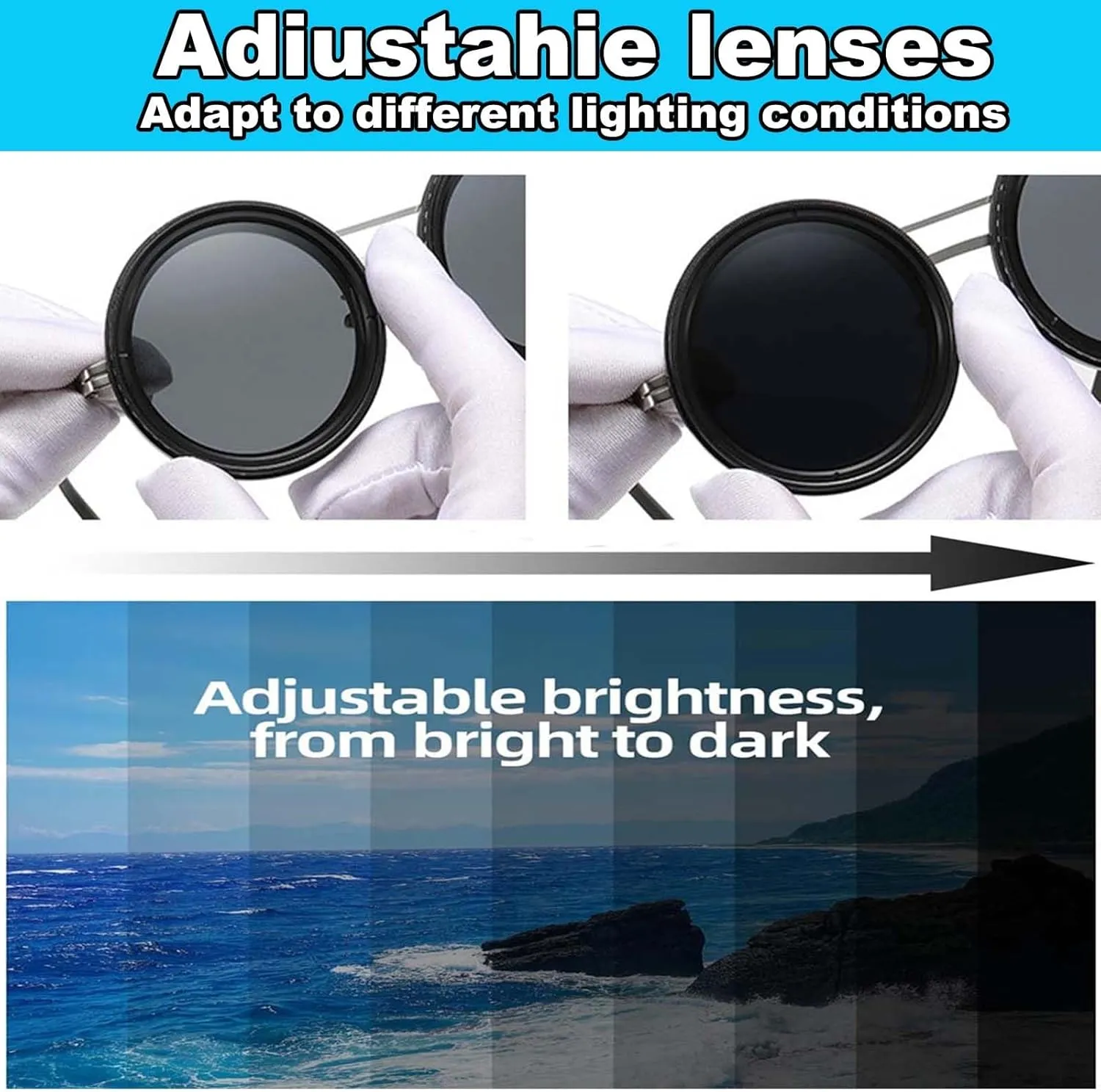 Adjustable Sunglasses, 1-9 Gears Adjustable Rounded Tint Sunglasses, Polarized Glasses with Nd Filter Lenses for Men(2*Black,49mm)
