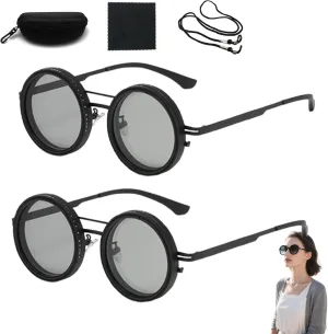 Adjustable Sunglasses, 1-9 Gears Adjustable Rounded Tint Sunglasses, Polarized Glasses with Nd Filter Lenses for Men(2*Black,49mm)