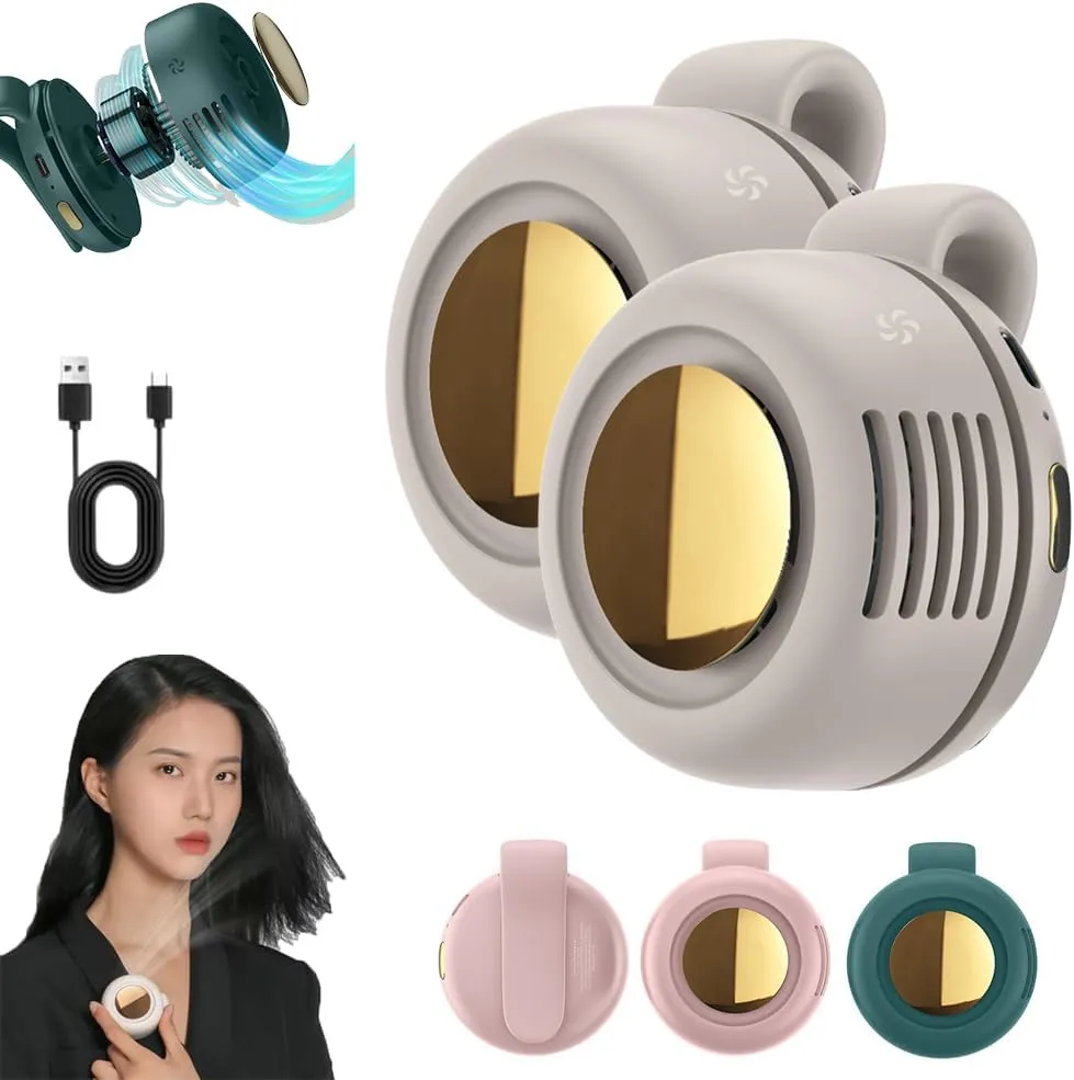 Aerio Clip on Fan for Shirt, Silent Portable Mini Bladeless Fan Clip On, 2025 New Personal Small Portable Waist Clip On, 3-Speed Adjustable Rechargeable for Travel, Office (2*White)