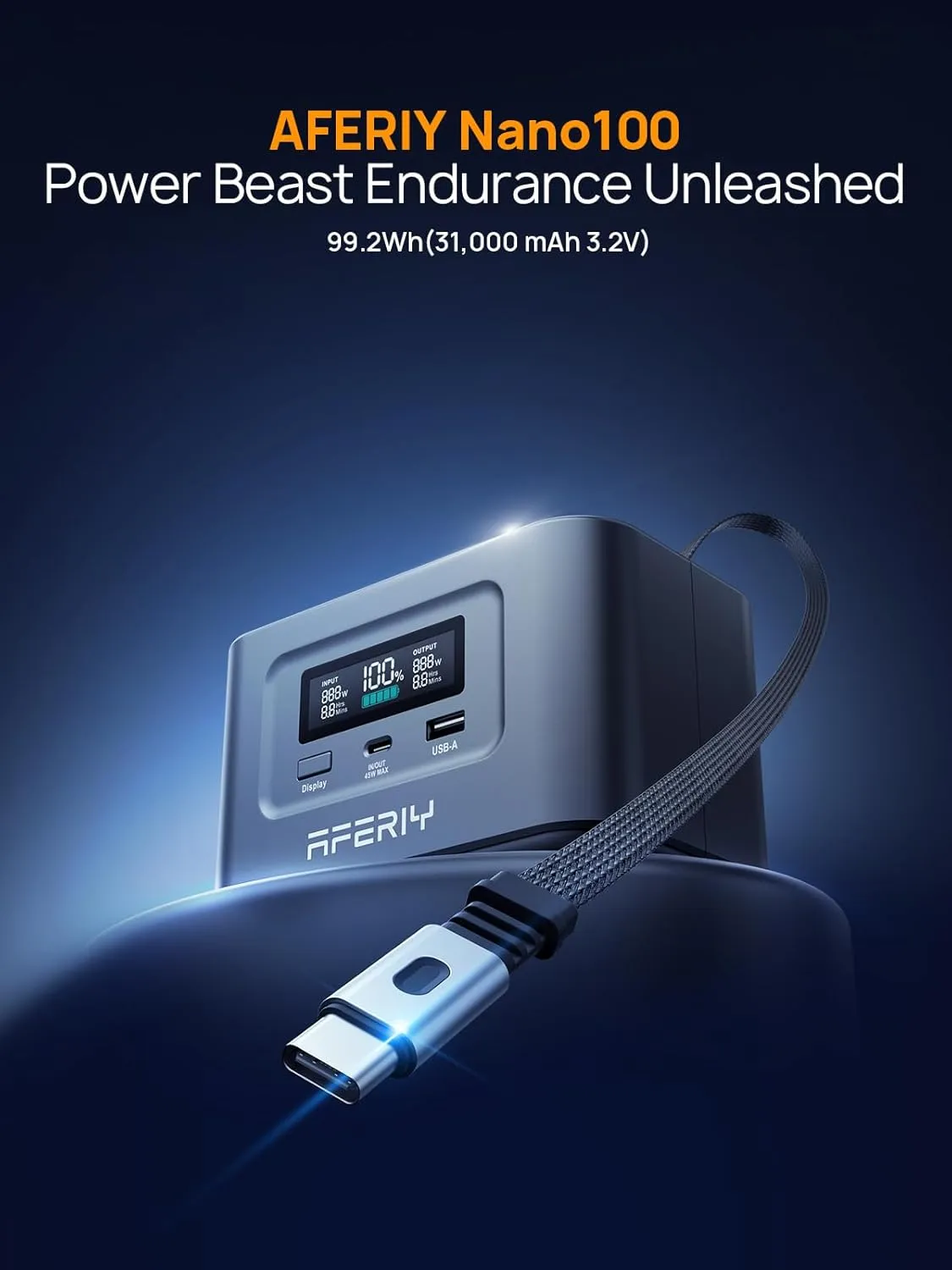 AFERIY 145W Portable Power Station with 99.2Wh/31000mAh, Dual USB-C PD3.0 Fast Charging, Solar Charging, TSA Approved, 6-in-1 Safety Protection, Ideal for Travel, Camping, and Emergencies