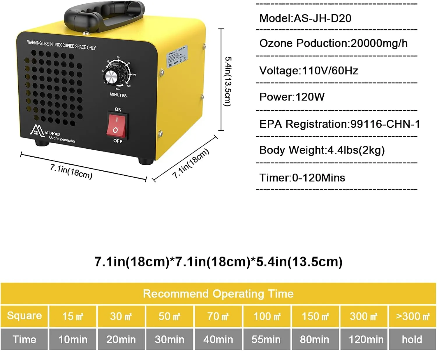 ALDIOUS High Capacity Industrial Ozone Generator - 20,000mg/h, Commercial Ozone Machine for Rooms, Smoke, Cars, and Pets